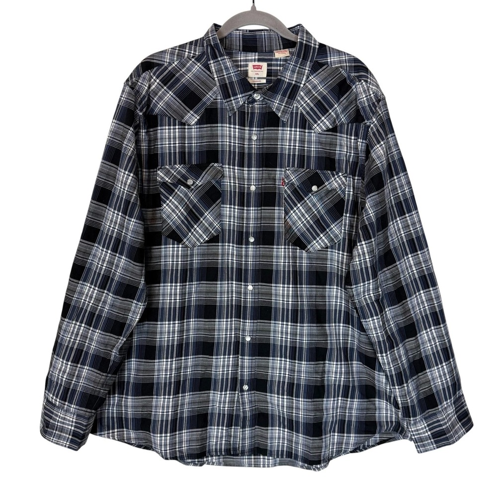 Levi's Shirt Mens 2XL Blue Plaid Long Sleeve Western Pearl Snap Front Casual Top